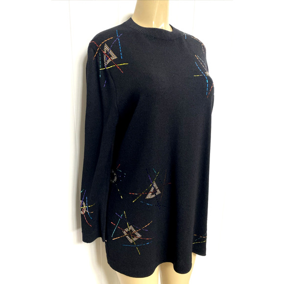 St John Santana Knit Top Long Sleeve Crew Neck Paillette Embellished Black 14 XL - Picture 2 of 9